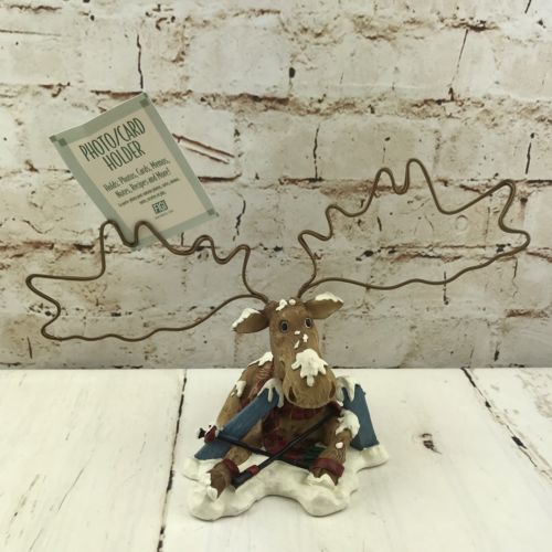 Christmas Photo Note Card Holder Moose Resin Figurine Cabin Holiday Winter Decor