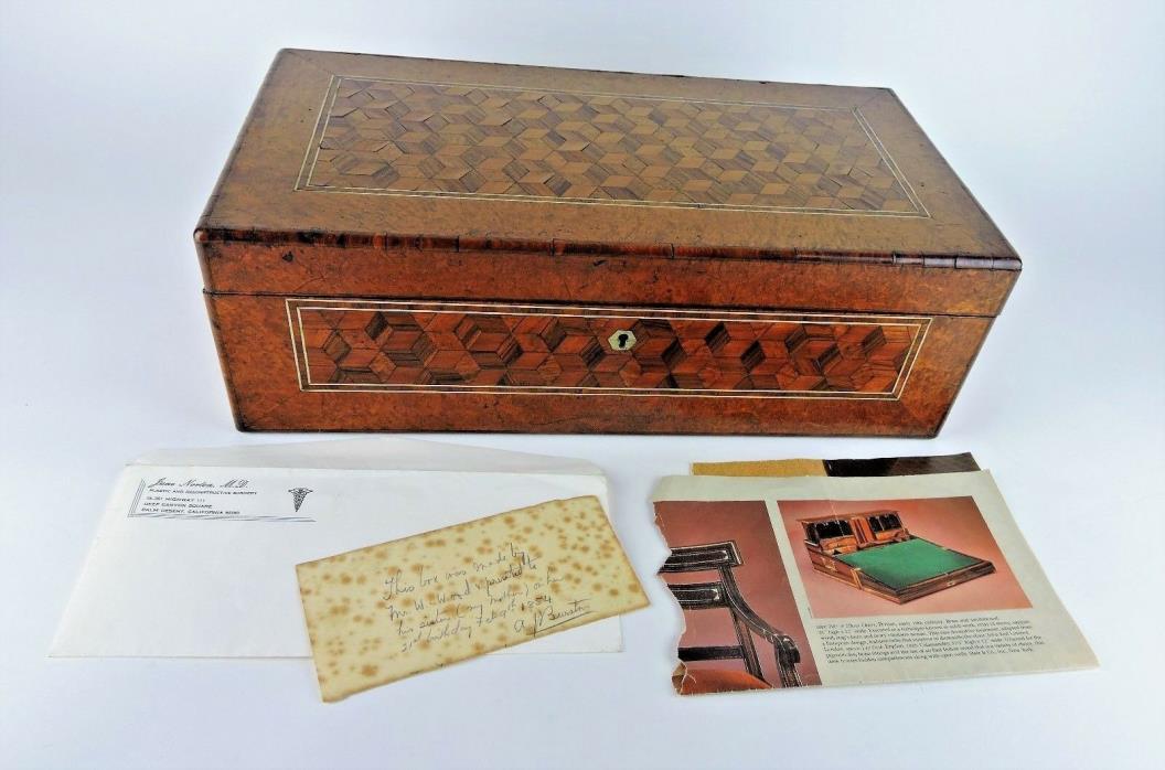 1850's Antique Custom Made Wood Lap Desk with 2 Sterling Lid Glass Ink Bottles
