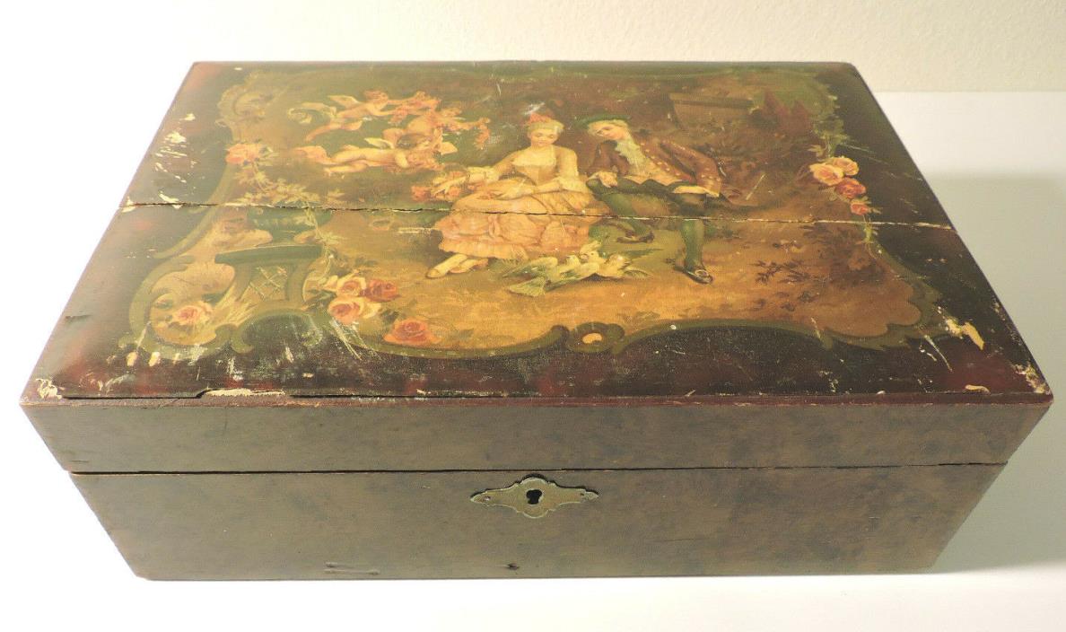 Vintage Ladies lap desk Wooden with Victorian scene on top brass latches 1900s