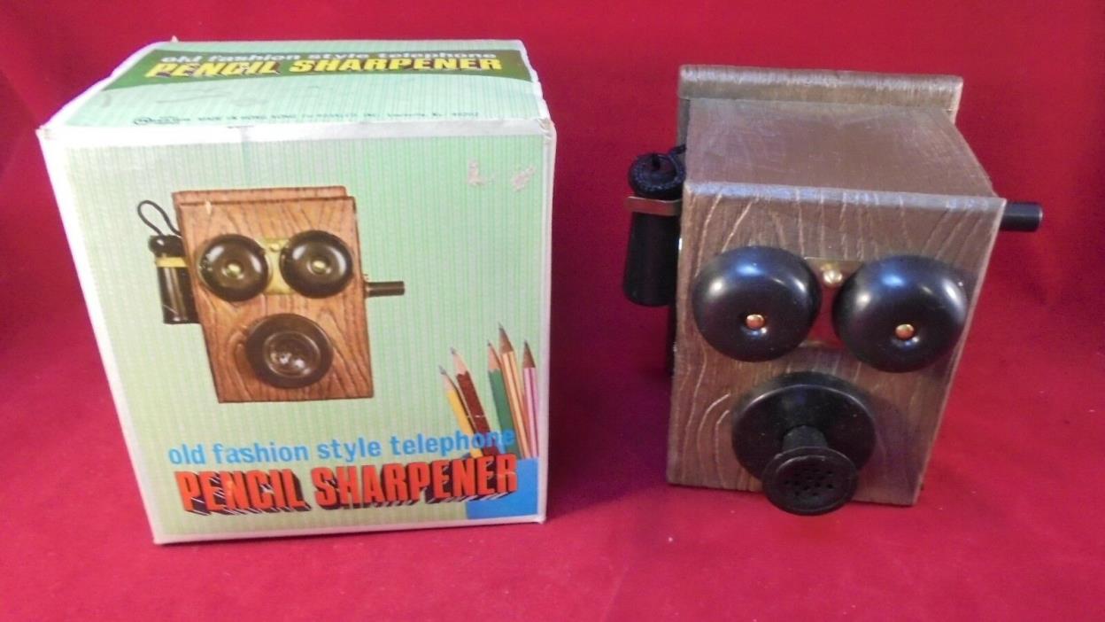 Vintage Plastic Old Style Telephone Crank Pencil Sharpener in Original Box