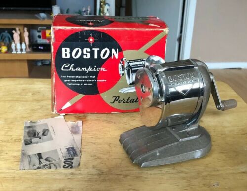 Vintage Boston Hunt Champion Pencil Sharpener Hand Crank Desk Portable CIB NOS ?