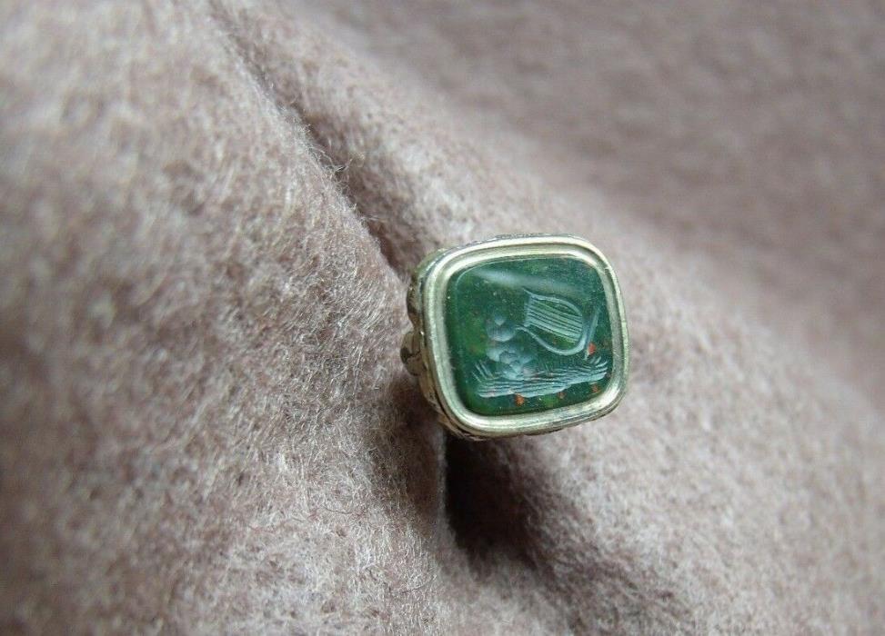Antique 19th Century Bloodstone Intaglio Lyre & Bush Gold Filled Wax Seal Stamp