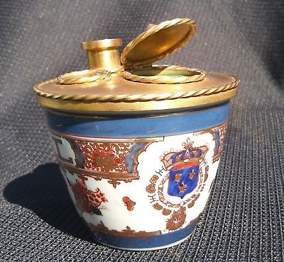 PARIS ANTIQUE PORCELAIN & GILT BRONZE FRENCH INKWELL AMORIAL BRUSH POT E. Samson