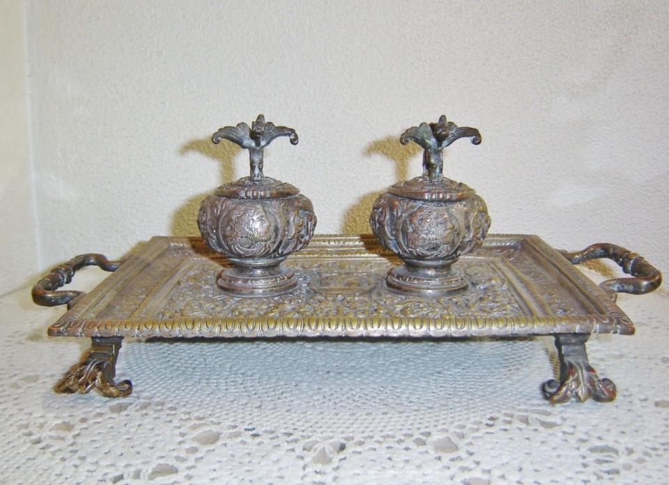 Antique Victorian Brass Double Glass Lined Ink Wells Gargoyle Lids Footed Tray