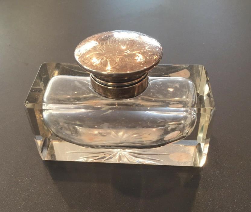 ANTIQUE FLORAL STERLING SILVER & CUT GLASS INKWELL