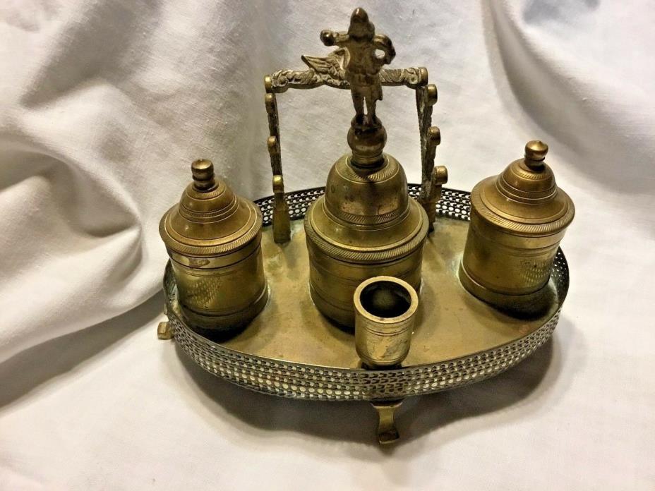 Vintage Brass JJE Portugal Inkwell with Attached Tray, Pen Holder and Ink Holder