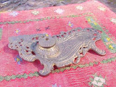 19th Century Brass Victorian Art Nouveau Inkwell Pen Rest with Glass Liner