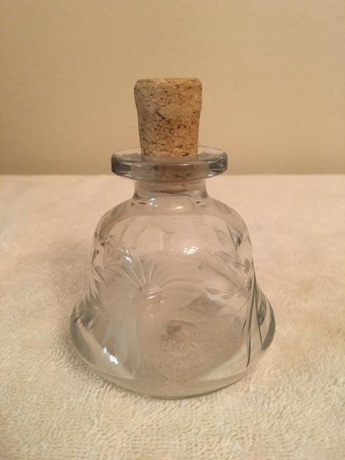 Vintage: Clear Etched Glass Ink Well Bottle W/Cork Stopper; Antique Collectible