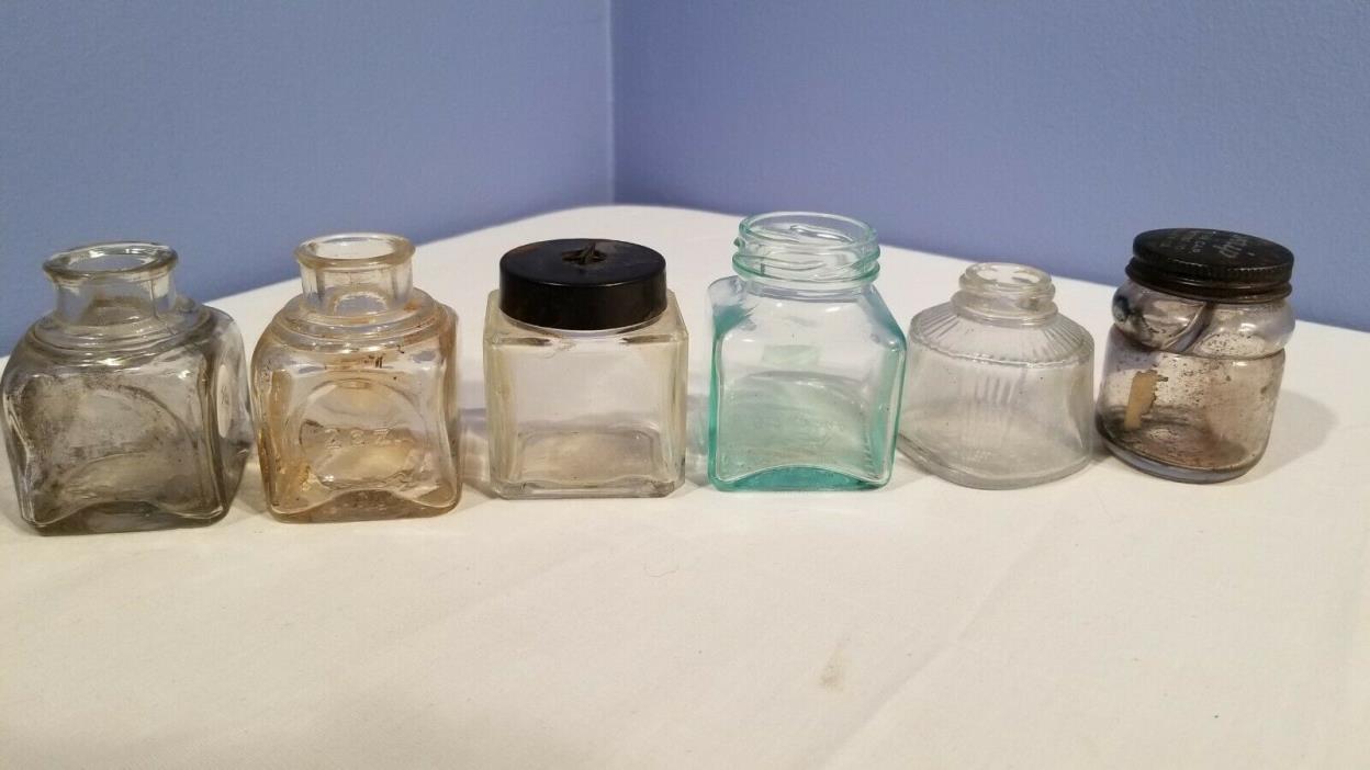 Lot of 6 Vintage Glass Inkwell, Parker, Sanford, Skrip, Aqua/Blue - Fountain Pen