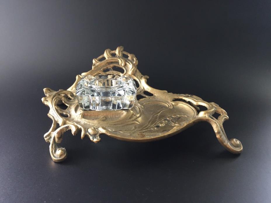 Antique Vintage Art Nouveau Rococo Brass & Glass Inkwell Scroll Floral