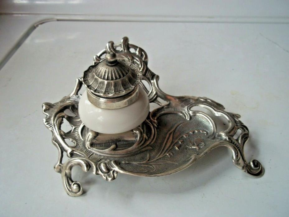 Victorian Art Noveau Style Vintage Silver Metal Milk Glass Ink Well Set Italy