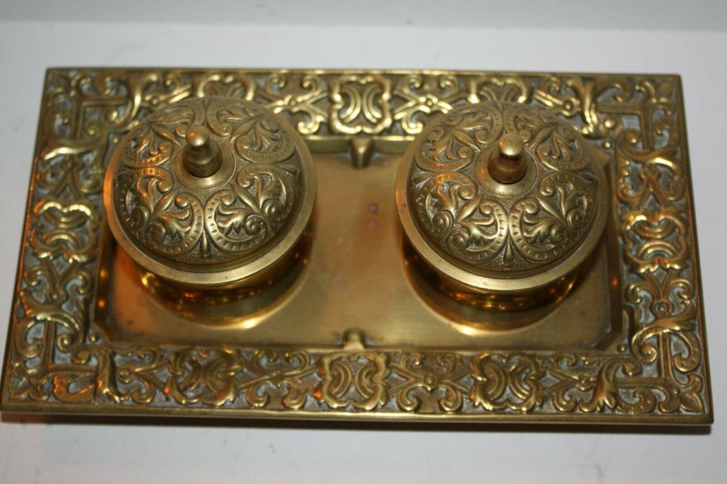 Antique Ornate Brass Double Inkwell w/ 2 Glass Inserts