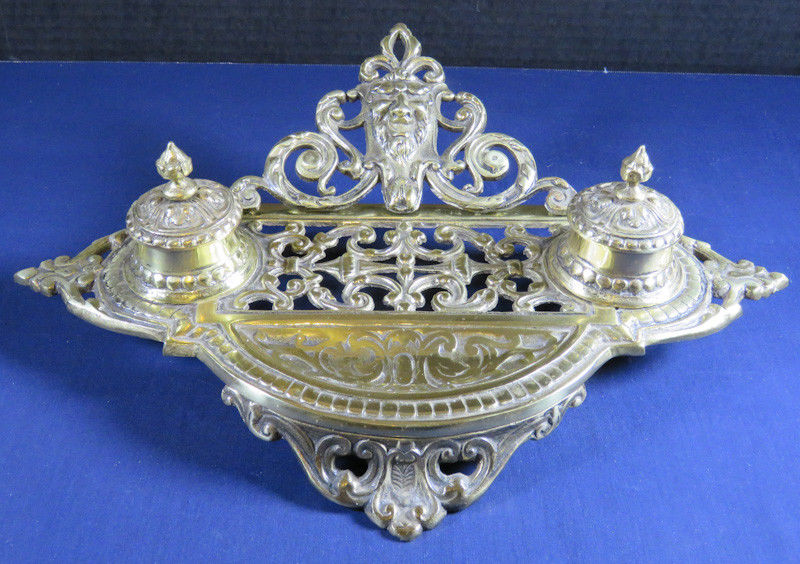 Vintage Footed Brass Bronze Inkstand with Double Brass Inkwells Brass Lid Japan