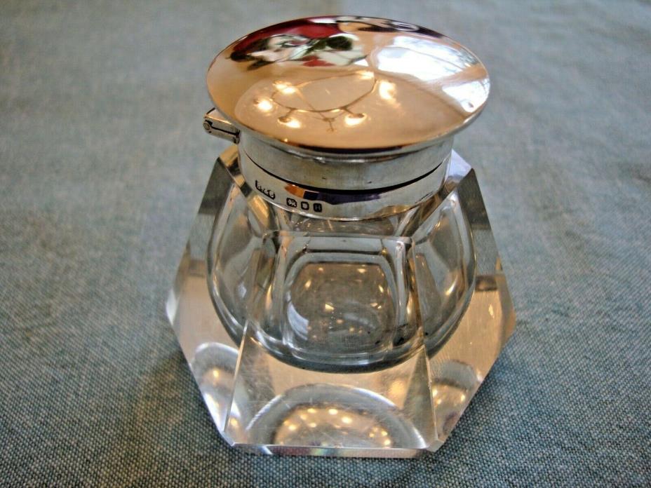 Nice 1944 WWII London, England, English Silver Hallmarked Capped Crystal Inkwell