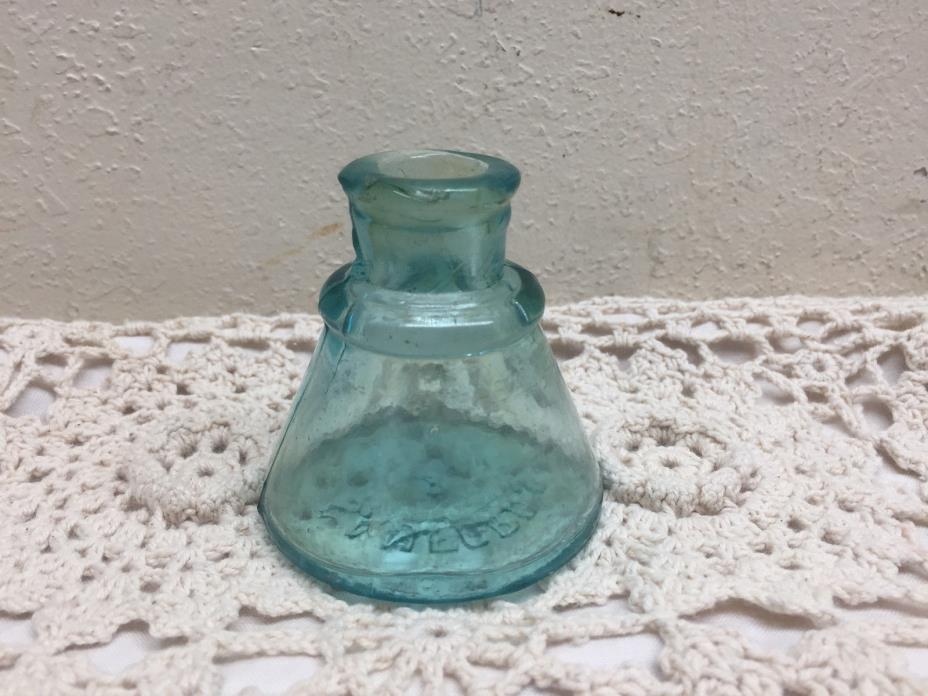 Vintage Aqua Blue Green Glass Ink Well ~ SANFORD'S 8 w/ oblong top opening