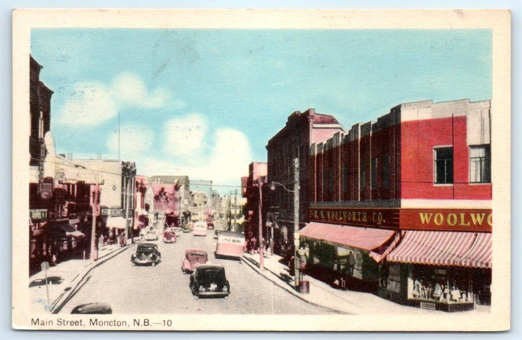Postcard Canada Moncton Main Street Vtg View Old Cars New Brunswick D8