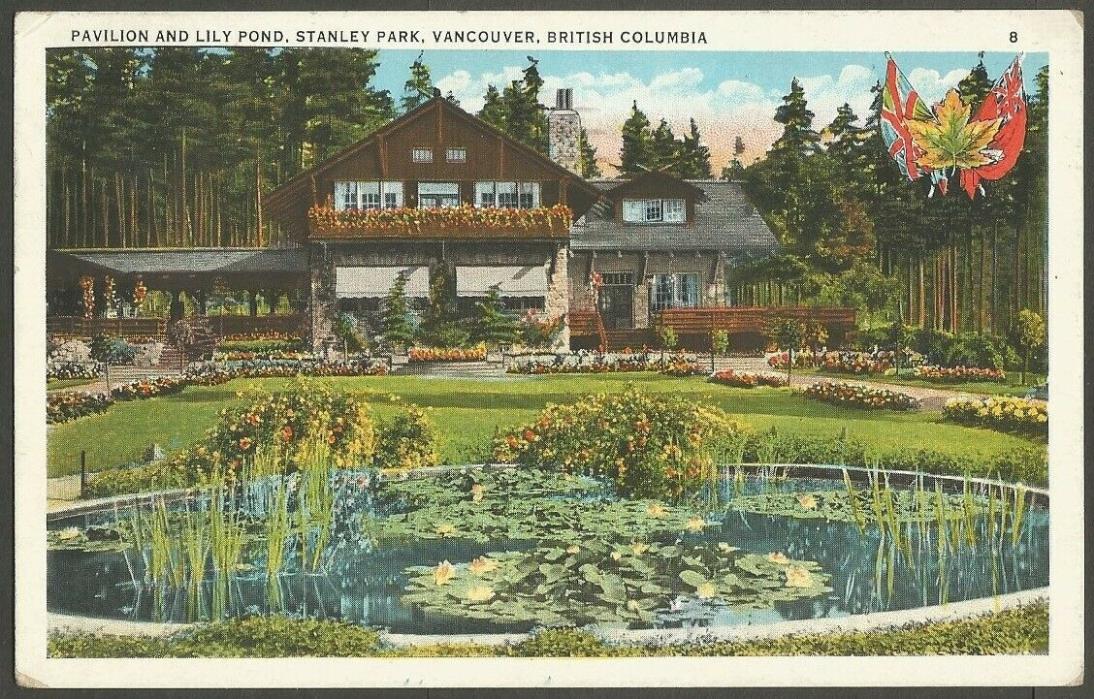 1934 PAVILION & LILY POND,STANLEY PARK,VANCOUVER BC CANADA POSTCARD 2C STAMP