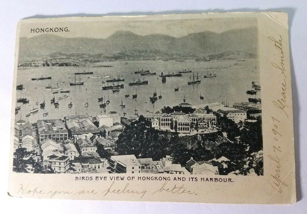 1907 Hong Kong Vintage CHINA Postcard Birds Eye View of the Harbour Posted HK