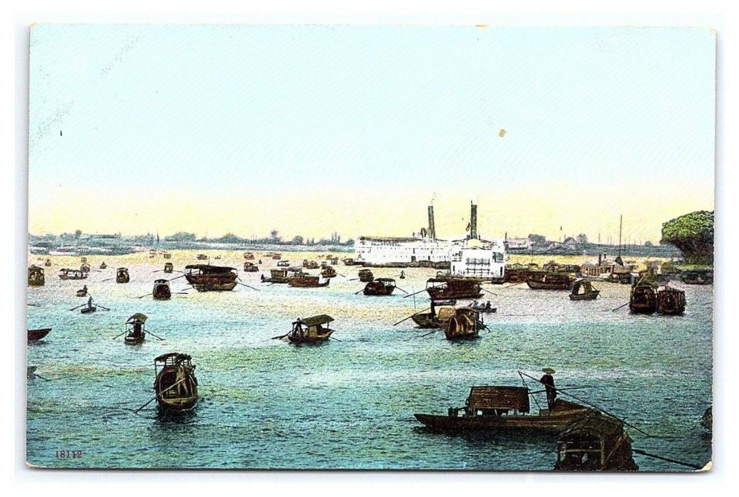 Vintage Postcard Boats in Hong Kong Harbor China E5