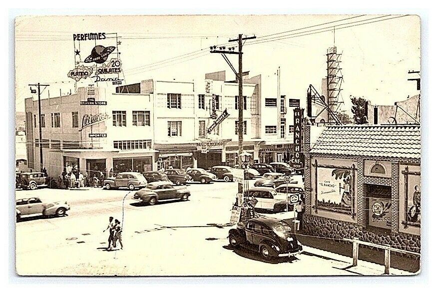 Vintage RPPC Postcard Street Scene Businesses Cars Tijuana Mexico 1949 B4
