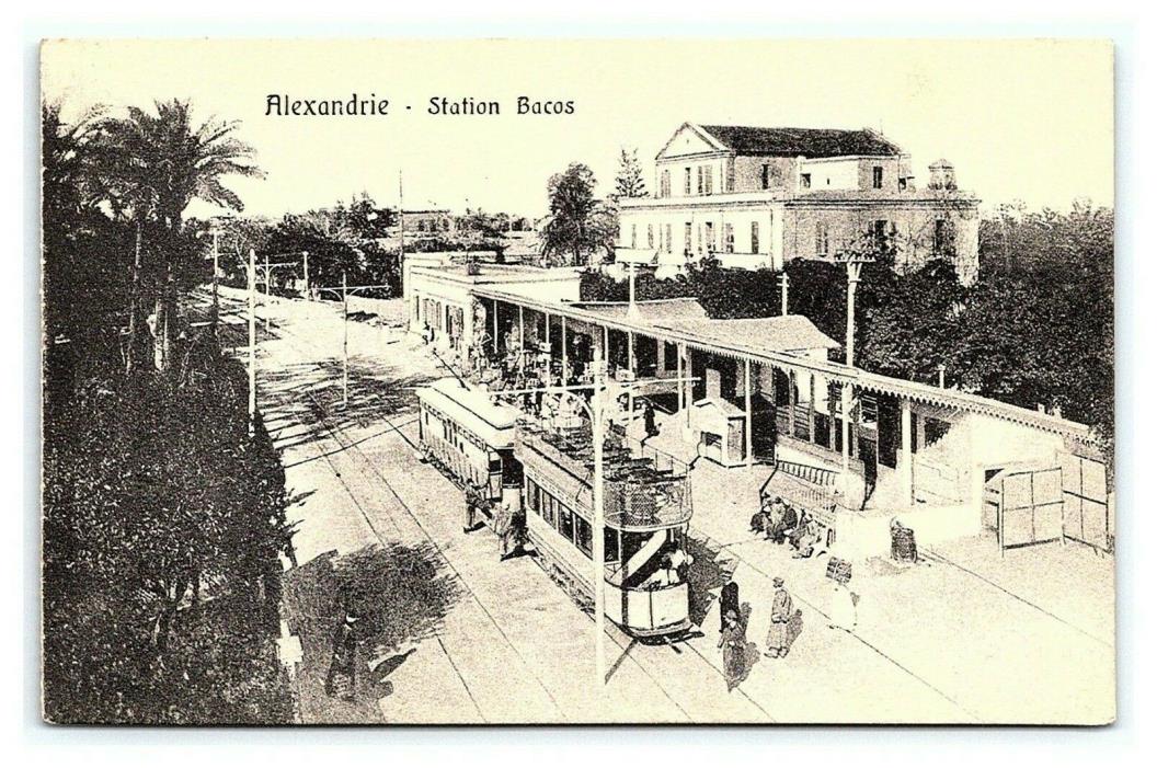 Vintage Postcard Alexandria Egypt Street Car Trolley Station Bacos E3
