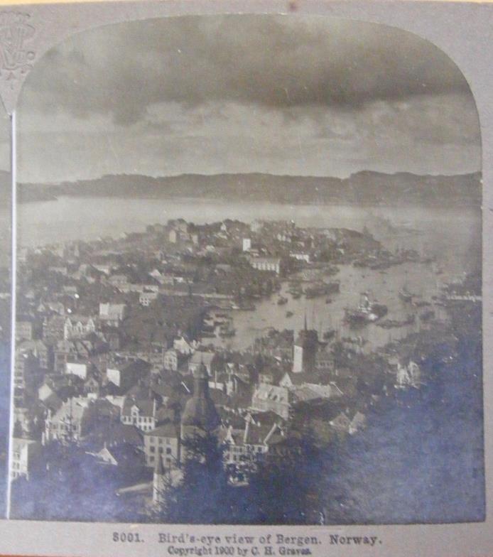 1900 Bergen Norway City View Original Antique Real Photo Stereoview Card
