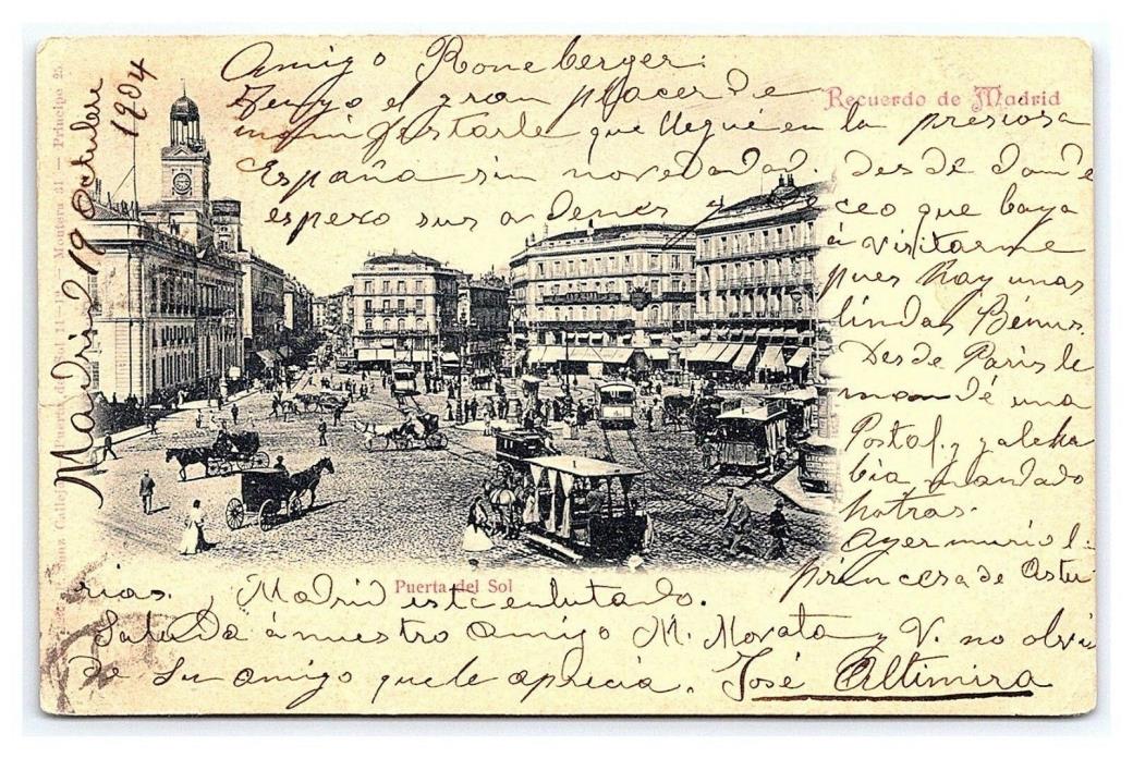 Vintage Postcard Puerta del Sol Recuerdo de Madrid Spain Espana Trolleys E6