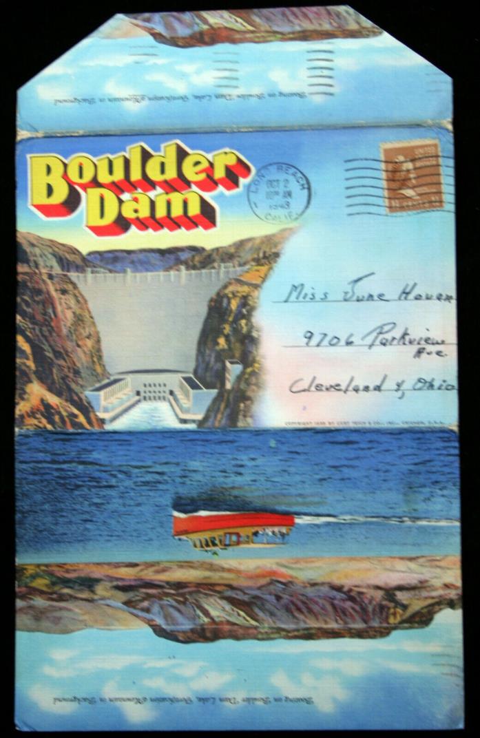 1935 color litho POST CARD fold-out album BOULDER DAM posted war time cancel