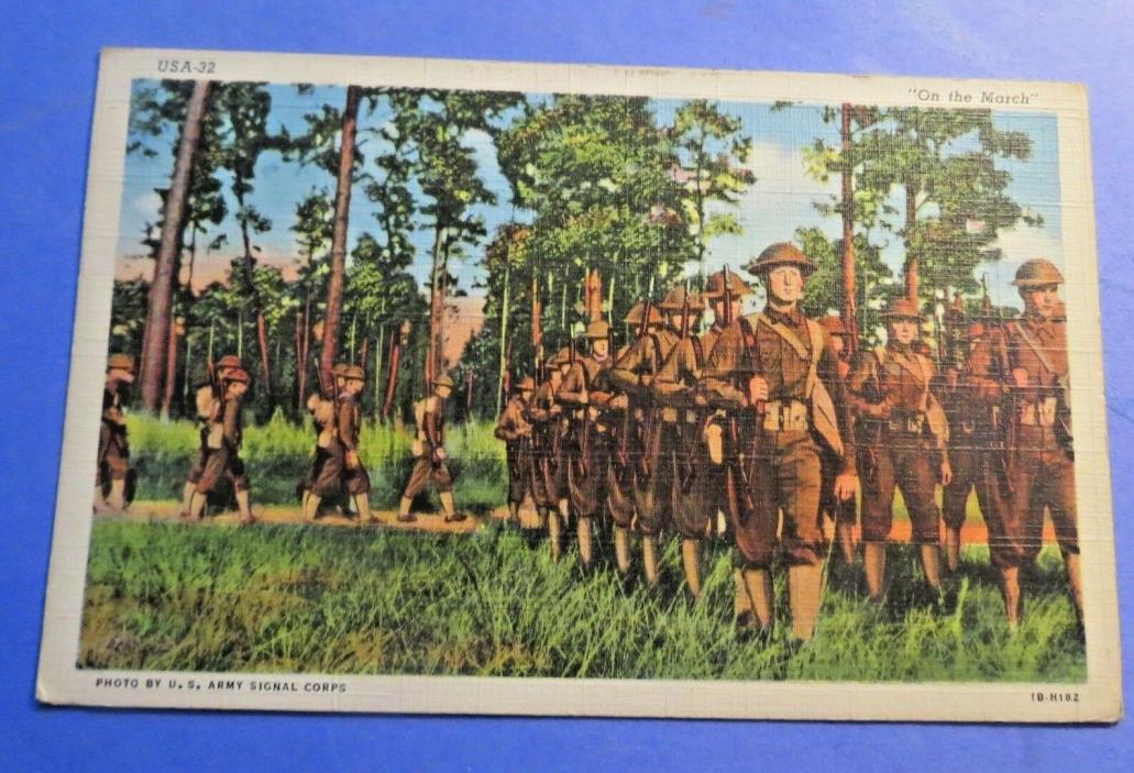 On the march US Army Training 1940's Vintage Old Postcard PC2417