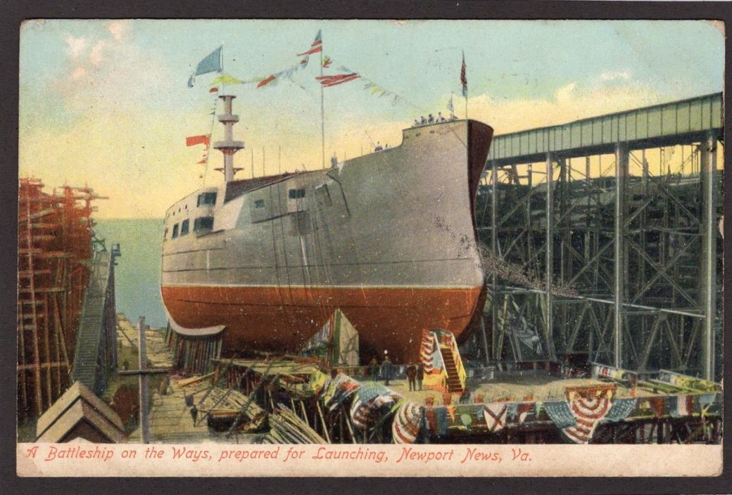 Old Photo Postcard Color BATTLESHIP Prepared for Launching NEWPORT NEWS VA 1907