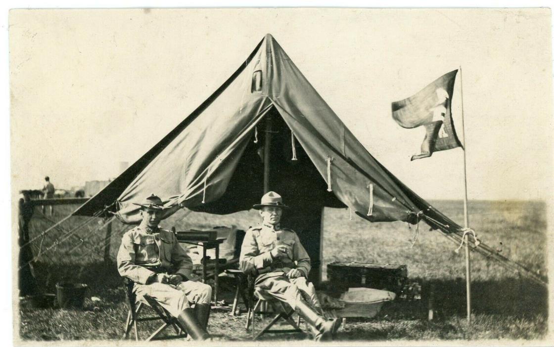 RPPC - 2 Soldiers Sitting in Front of Pup Tent with Unit Guidon - Circa 1915