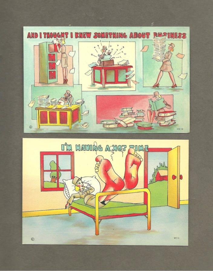 2 Vintage 1940s Postcards War Time Humorous Women Soldiers  WW II Females Comic