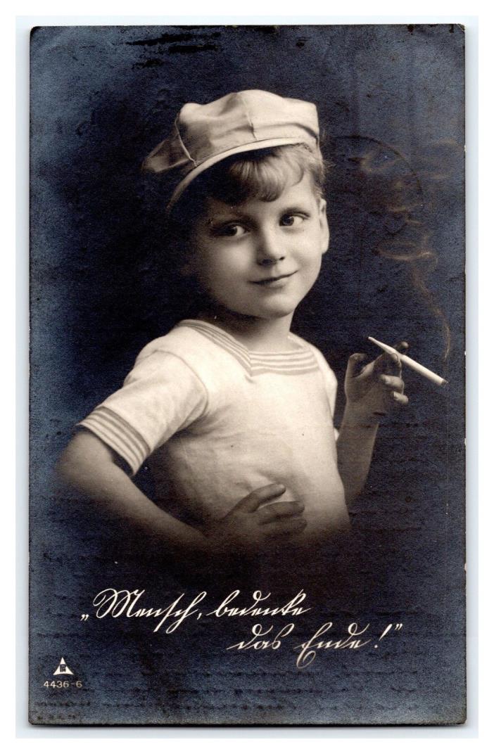 MILITARY WORLD WAR I GERMAN FELDPOST YOUNG BOY SMOKING CIGAR POSTED 1918