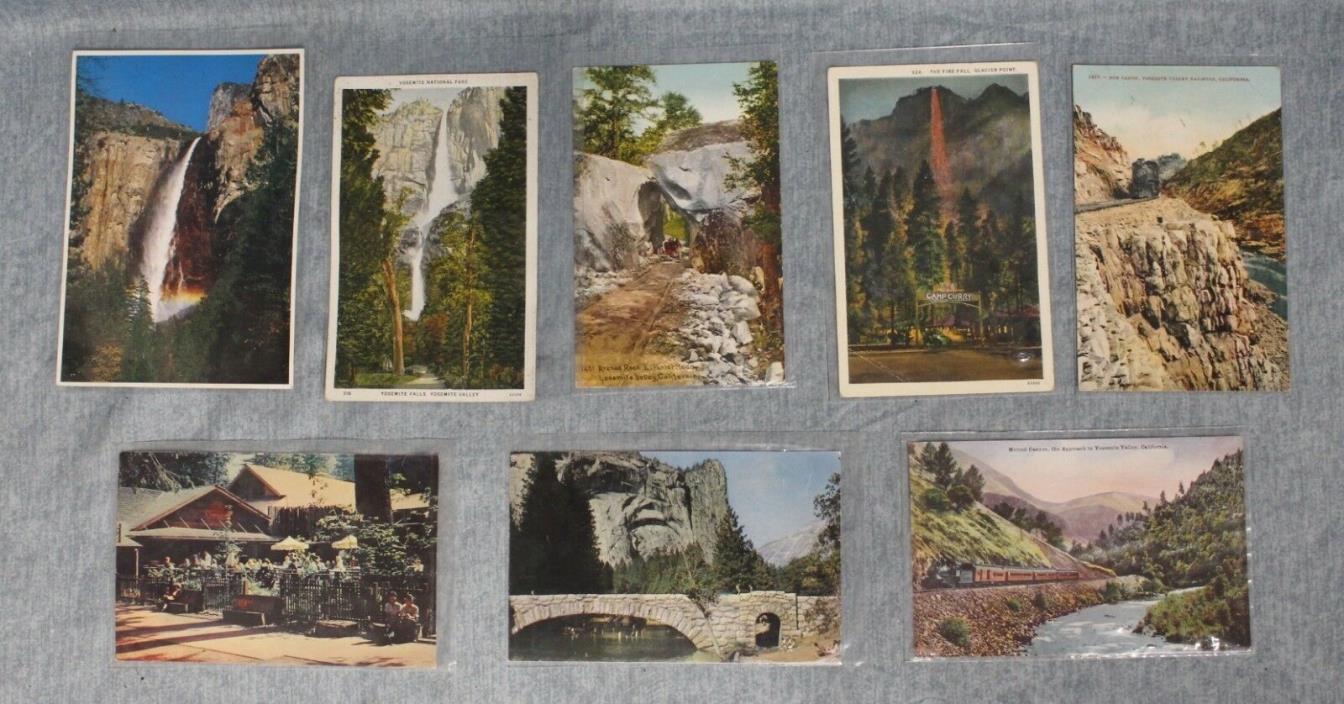 Lot of 8 Vintage Yosemite National Park Postcards Firefall, Railroad, Camp Curry