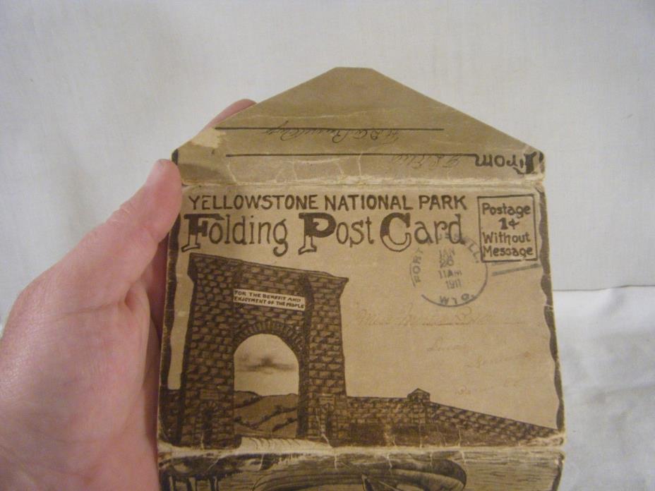 1911 Post Card Yellowstone Park Folding Photos Ft Russell WY to Lucas KY