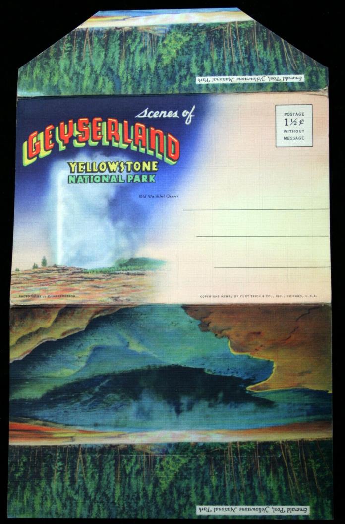 1940 color litho POST CARD fold-out album SCENES OF GEYSERLAND YELLOWSTONE PARK