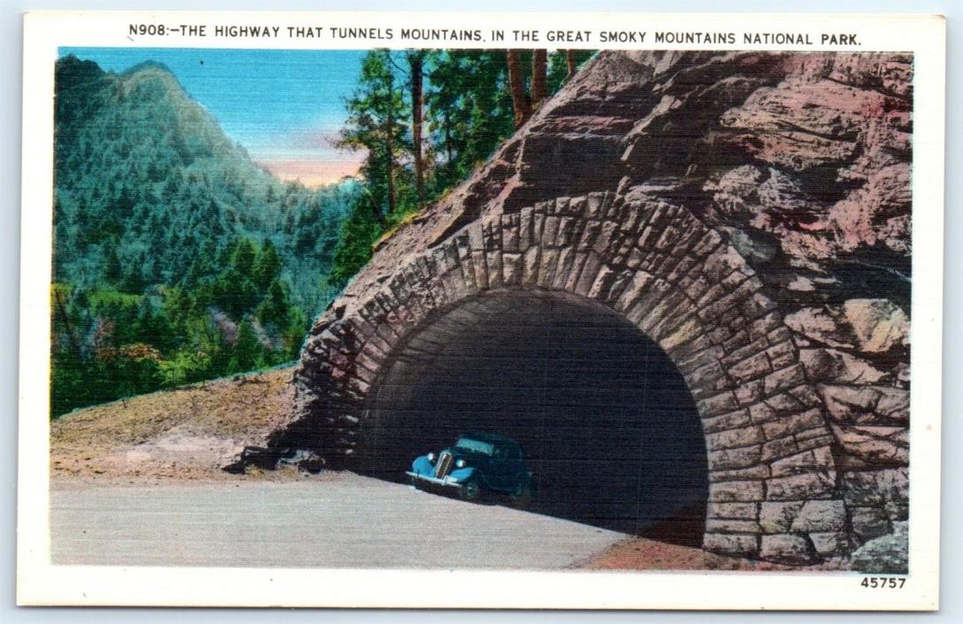 Postcard Great Smoky Mountains National Park Highway Tunnel Vtg Linen Old Car D5