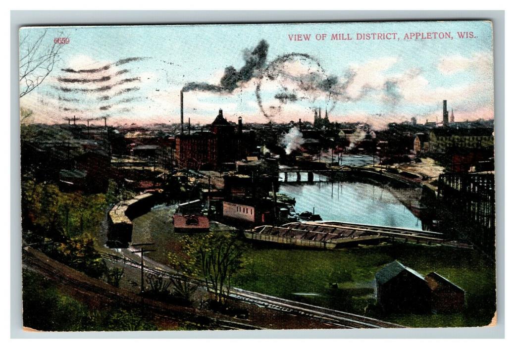 Vintage View of Mill District, Appleton WI 1910's Postcard G23