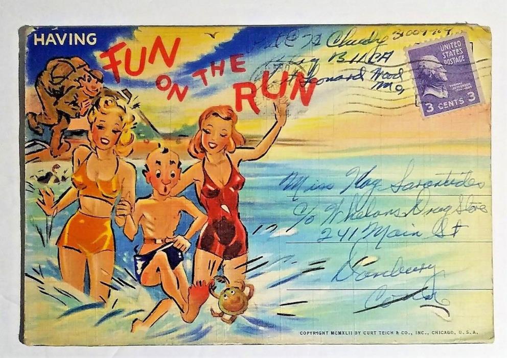Fold-out Postcards - Having Fun on the Run - Humor Funny Cartoon w/ Folder 1942