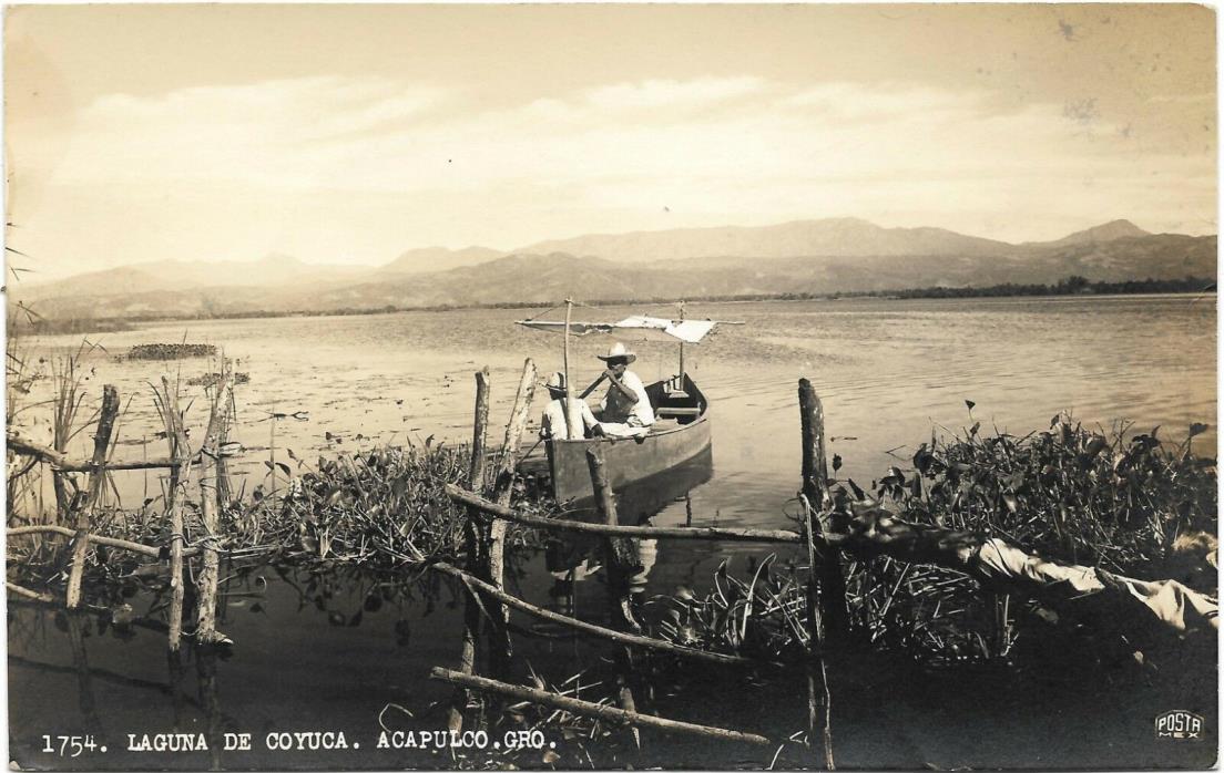 Acapulco Laguna Coyuca Postcatd 1940 RPPC row row row your boat Q81