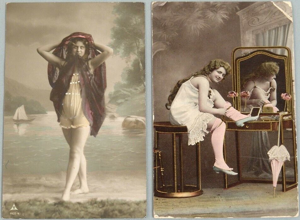 Antique c1900 Girlie Postcards - Swimsuit, Boudoir