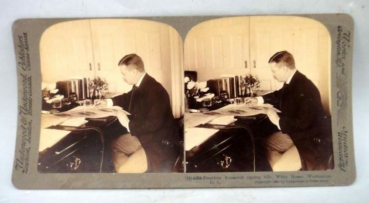 1903 antique PRESIDENT ROOSEVELT SIGNING BILLS STEREOVIEW PHOTO CARD white house
