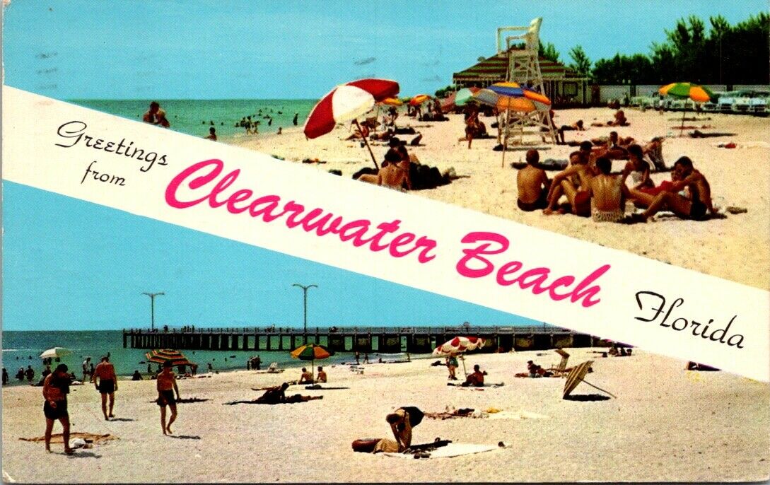 Postcard Florida Greetings From Clearwater Beach People Beach Posted 1963 H14