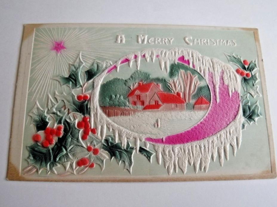 Antique Embossed Snowy Christmas Home With Holly Unposted 1911