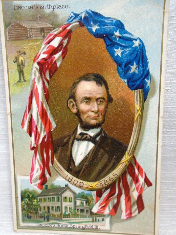 Lincoln's Birthday Postcard US Patriotic USA Flag Draped Oval Framed President