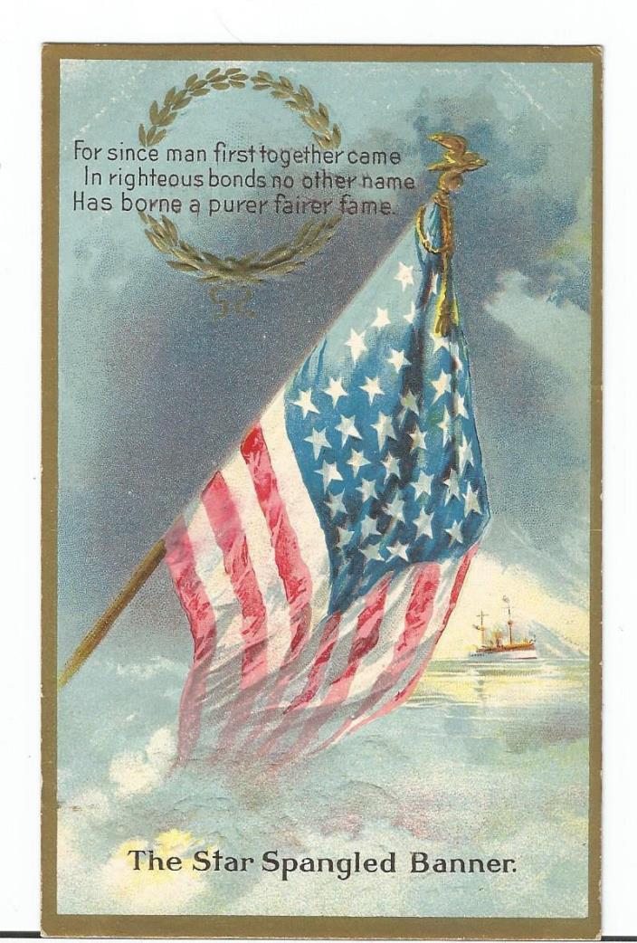 POSTCARD~PATRIOTIC~DECORATION DAY SERIES NO 1~FLAG~SHIP IN BACKGROUND~EXCELLENT~