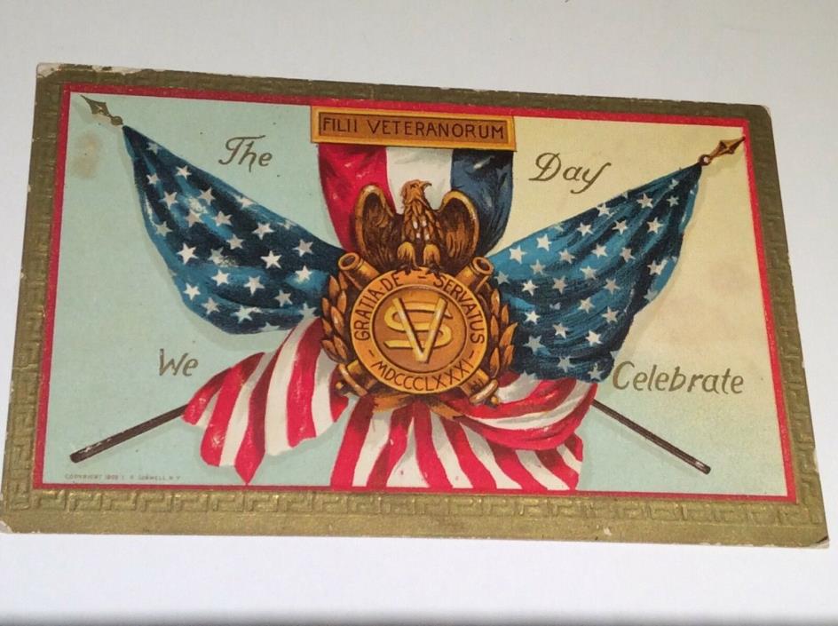 Vintage1909 Patriotic Postcard Filii Veteranorum Flags Eagle Sons Of Veterans