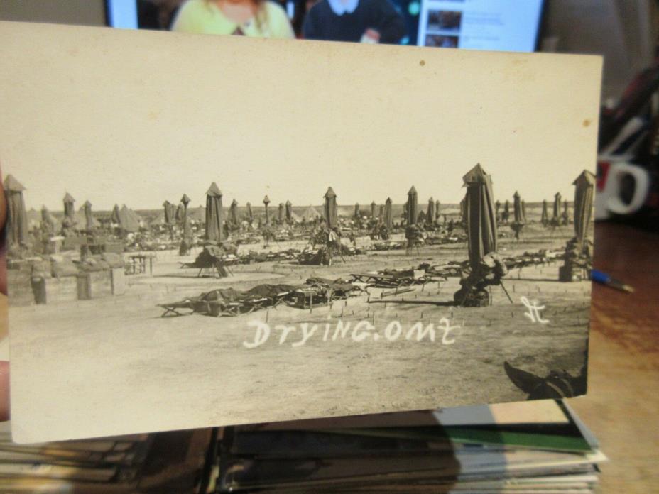 Vintage Old Postcard World War I Real Photo Picture Drying Out Camp Tents Cots