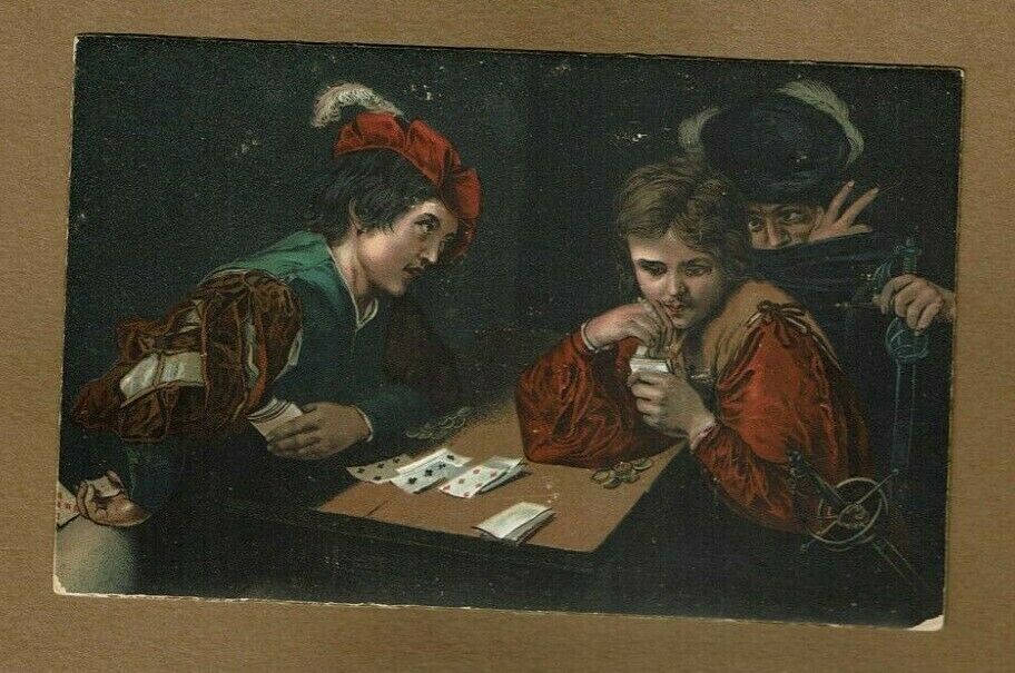 The Sharpers, Two young men playing cards, by Michelangelo,postcard,not painting