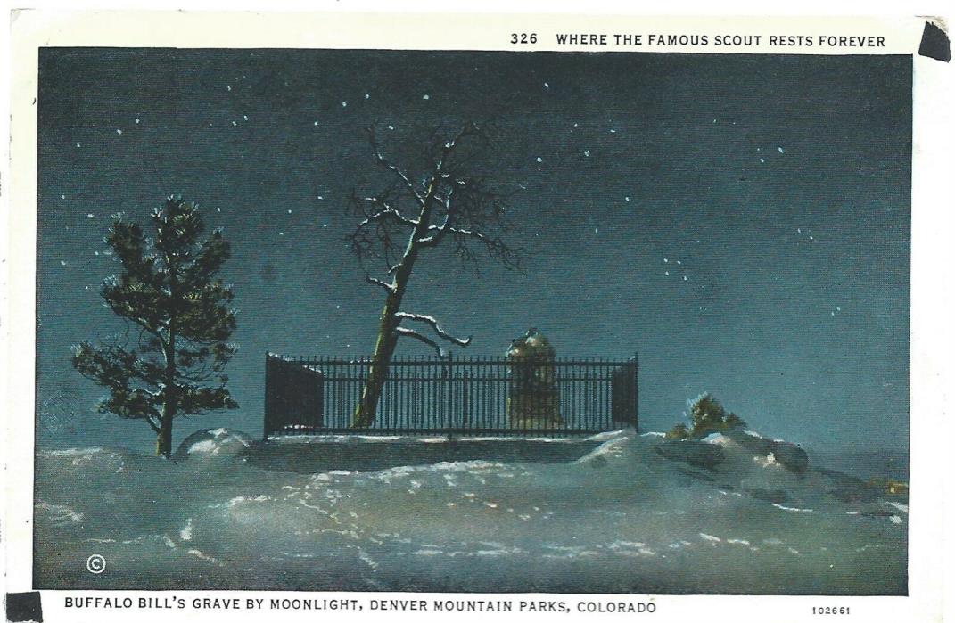 Denver Colorado CO Buffalo Bills Grave by Moonlight 1934 Postcard White Border